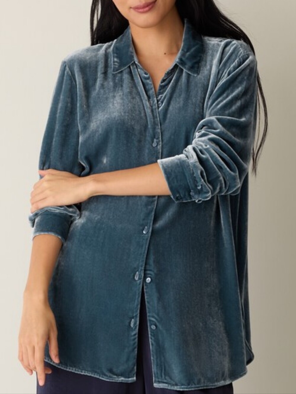 Soft Surroundings Women's Blue Velvet Button Front Long Sleeve Shirt Size Large